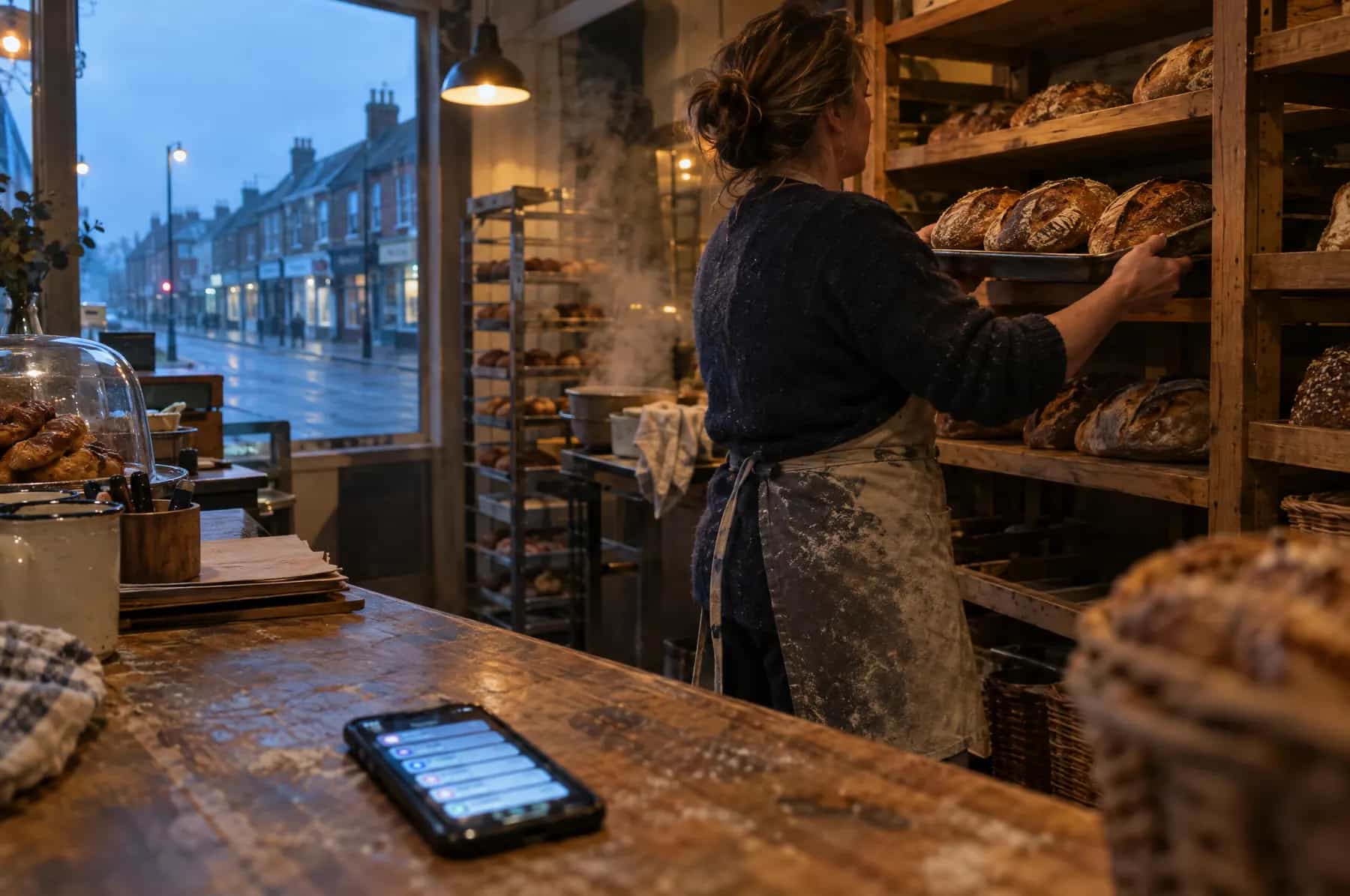 A baker stocking shelves at dawn while her phone fills with unread messages