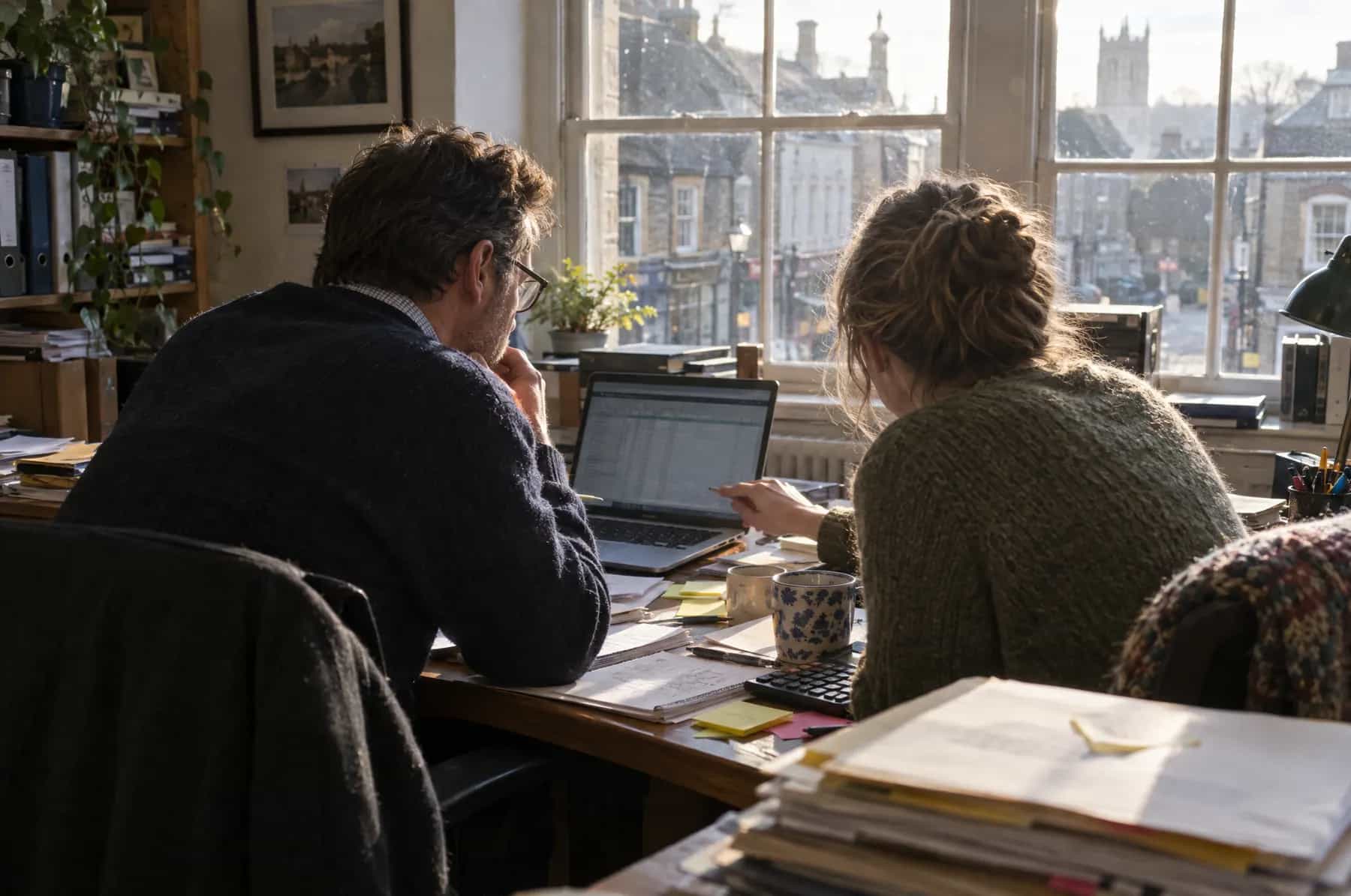 Two business owners going through paperwork and a laptop together