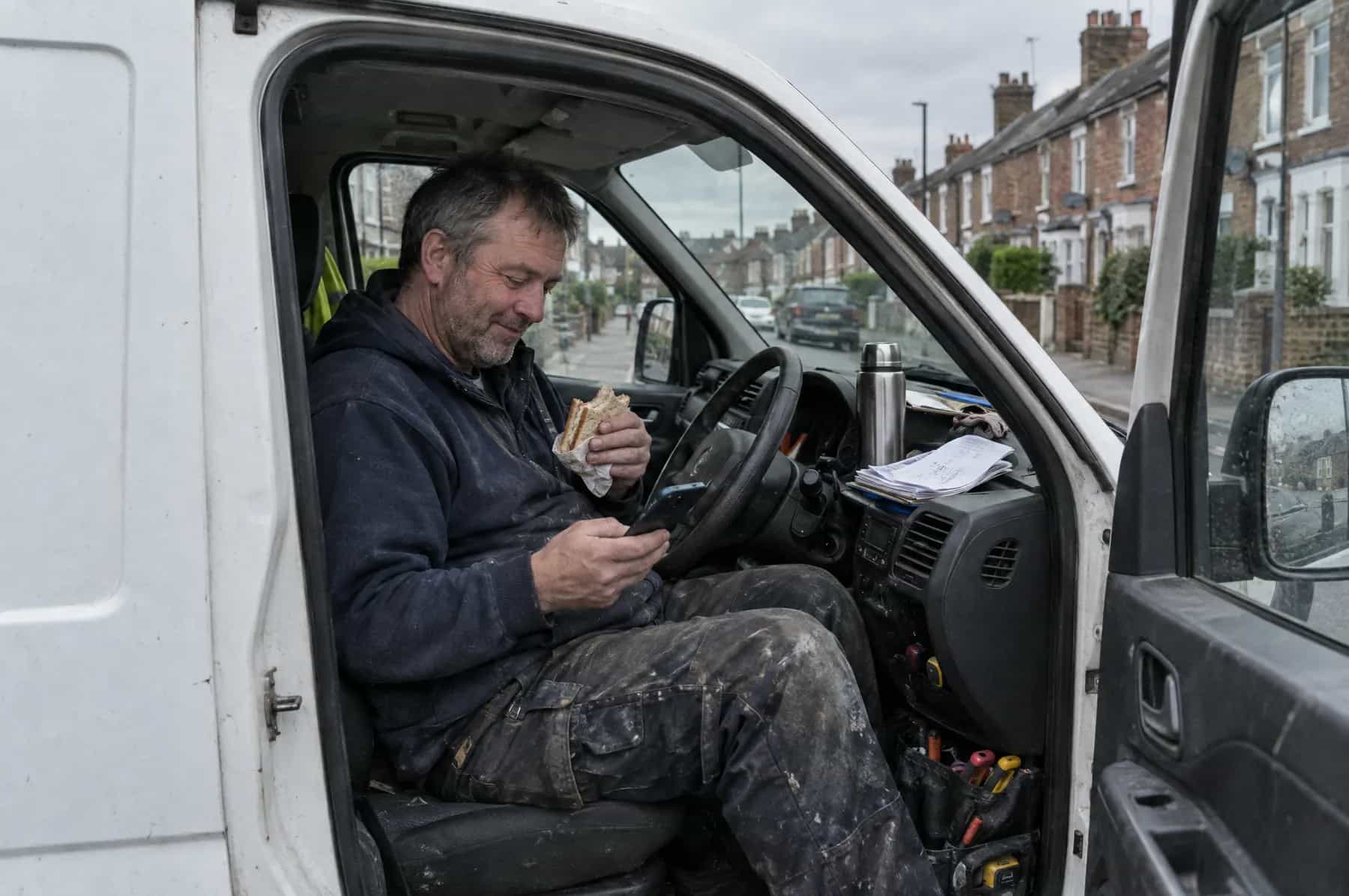 A plumber eating lunch in his van while catching up on messages